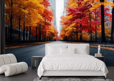 A city street lined with trees in full autumn color Wall mural