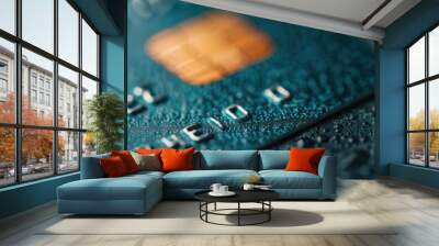 A close-up of a credit card showing embossed numbers and a chip, with a textured background emphasizing the card's details. Wall mural