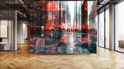 A futuristic cityscape with mirrored buildings, vibrant colors, and a dynamic atmosphere, evoking a sense of technology and urban life. Wall mural