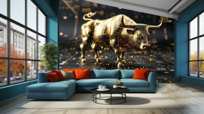 A golden bull symbolizing financial strength stands on a digital circuit board backdrop, representing stock market trends and investment opportunities. Wall mural