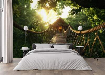 A serene, sunlit path leads to a charming treehouse, surrounded by lush greenery and a tranquil atmosphere. Wall mural