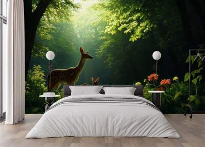 A serene forest scene with two deer amidst lush greenery and vibrant flowers, illuminated by soft light filtering through trees. Wall mural