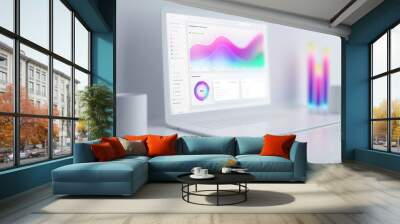 A sleek, modern workspace featuring a laptop displaying colorful data visualizations, accompanied by two vibrant candles and white mugs. Wall mural