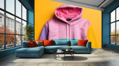 A vibrant, multicolored hoodie displayed against a bright yellow background, showcasing a fun and casual fashion style. Wall mural