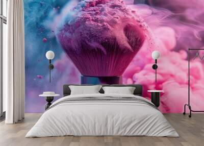 A vibrant makeup brush surrounded by colorful powder and smoke, creating an artistic and dynamic visual effect. Wall mural