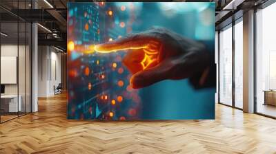 Close-up of businessman's finger touching a glowing screen (close up, technological interaction, realistic, Fusion, Office setting) Wall mural