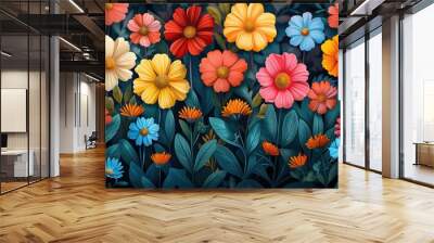 flower flat design top view botanical cartoon drawing colored pastel Wall mural