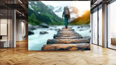 Illustrate a hiker crossing a narrow wooden bridge over a rushing river selective focus, nature challenge, dynamic, Silhouette, river backdrop Wall mural