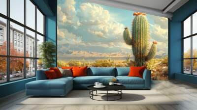 Illustration of a cactus in a desert landscape Wall mural