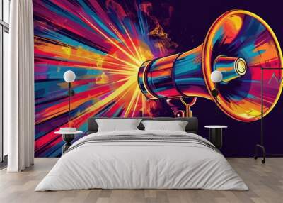 Illustration of a loudspeaker with sound waves radiating out, vibrant and colorful, suitable for a media room or office, symbolizing communication, energy, and the power of voice Wall mural