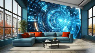 Abstract futuristic background with a glowing light effect and a time tunnel in the space, a cyber technology concept.  Wall mural