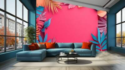 Pink whiteboard with colorful illustrations of tropical leaves and birds. The background is bright red. Wall mural