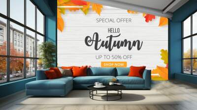 Autumn sale background with leaves. Can be used for shopping sale, promo poster, banner, flyer, invitation, website or greeting card. Vector illustration Wall mural