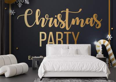 Christmas party poster template with shining gold and white ornaments. Made of snowflakes, gift, candy, bells, star, christmas ball. Vector illustration  Wall mural