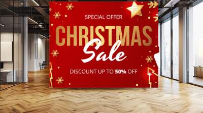 Christmas sale banner with christmas elements on red background. Vector illustration  Wall mural