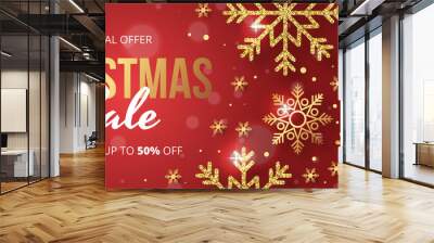 Christmas sale banner with golden snowflake on red background. Vector illustration  Wall mural