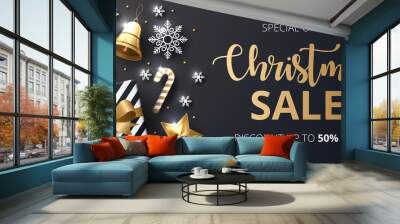 Christmas sale banner with shining gold and white ornaments. Wall mural