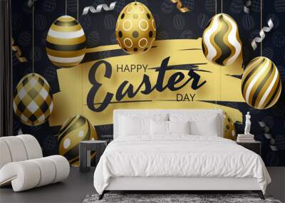 Happy Easter background with realistic golden eggs and ribbon. Vector illustration Wall mural