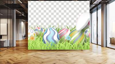 Happy Easter background with realistic painted eggs, grass, flowers, and rabbit ears. Vector illustration isolated on transparent background Wall mural