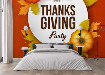 happy thanksgiving day party poster template with autumn leaves and pumpkins. vector illustration Wall mural