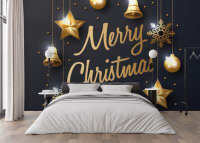 Merry Christmas background with shining gold ornaments. Made of snowflakes, bells, star, christmas ball. Vector illustration  Wall mural