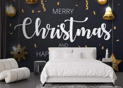 Merry Christmas background with shining gold ornaments. Made of snowflakes, gift, candy, bells, star, christmas ball. Vector illustration  Wall mural