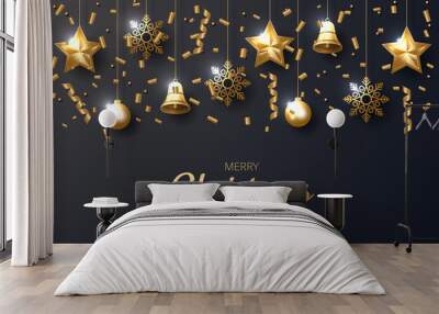 Merry Christmas background with shining gold ornaments. Made of snowflakes, gift, candy, bells, star, christmas ball. Vector illustration  Wall mural