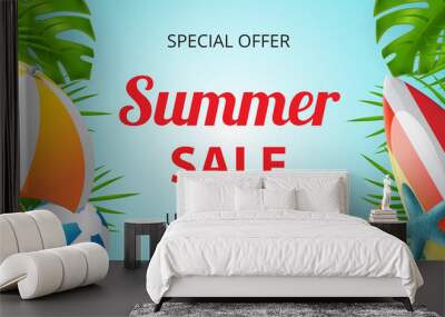 Summer sale vector banner design with colorful beach elements. Vector illustration Wall mural