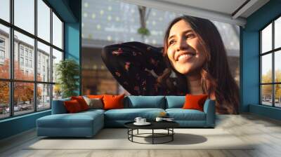 Asian ethnicity diverse woman smiling and enjoying afternoon sunshine outdoors - Headshot of carefree trendy lifestyle millennial girl shopping downtown - Summer, hipster and weekend leisure concept Wall mural