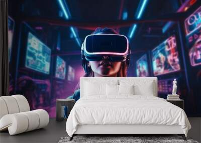 woman in VR glasses in neon space, digital art illustration Wall mural