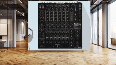 Realistic top-end modern DJ mixer in vector. Multi-channel device. Material for playbill and poster. EQ faders and buttons. Equipment type DJM V10. Themes of night clubs. To be applied to T-shirt.  Wall mural