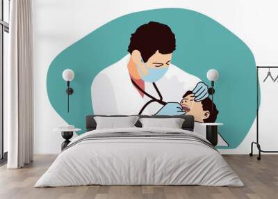 Toothache. Dentist treats teeth. Cosmetic procedures for the oral cavity. Oral cleansing. The doctor helps the patient. A man in a mask and in white clothes. A teenager in dentistry. Wall mural