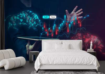 concept of stock market exchange or financial technology, polygon bull and bear with futuristic element Wall mural