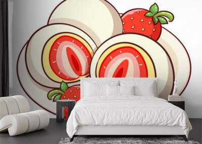 Ichigo Daifuku (Strawberry Mochi) illustration vector. Strawberry Daifuku Recipe Cartoon Icon Vector. 
Japanese dessert rice cakes with strawberry. Japanese strawberry daifuku recipe. Wall mural