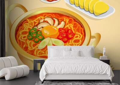 Spicy korean kimchi ramen set (Sundubu Ramyun, ramyeon noodles) in golden hot pot recipe illustration vector. Wall mural