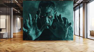 Frankenstein's Monster Scaring with Its Grotesque Appearance Emerging from Smoke in a Horror Halloween Atmosphere Wall mural