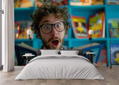 Geek reading a comic book, copy space of a young nerd with a surprised expression while reading a superhero book in his room Wall mural