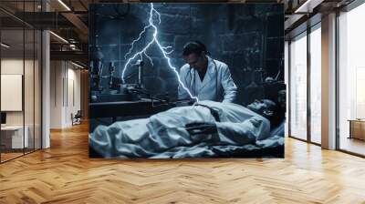 It's Alive as Frankenstein's Monster is Brought to Life with Electric Power in a Creepy Halloween Scene Wall mural