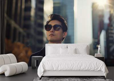 Luxurious fashionable Corean Asian man in the city, copy space of a man wearing sunglasses and a white shirt stands in front of a tall building Wall mural