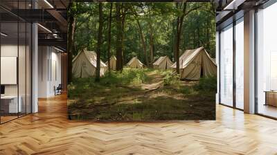 Tent Camping in a Summer Forest, Ideal for Vacationers Seeking Relaxation and Adventure in Nature's Embrace, with Ample Copy Space for Documenting Memorable Tra Wall mural