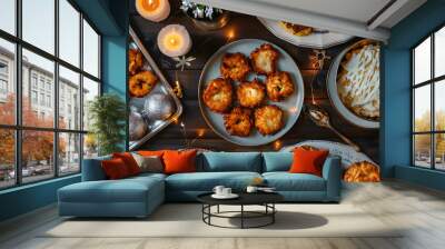 Traditional Hanukkah Food Banquet with Latkes, Sufganiyot, and Fritters on a Festive Table Celebrating Jewish Culture and Religion Wall mural