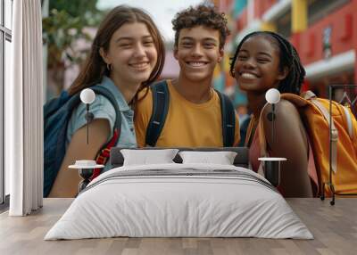 University friends back to school excited to see each other diverse college group Wall mural