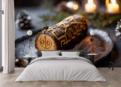 Yule Log Dessert Inspired Chocolate Dessert with Norse Runes and Candles Symbolizing Pagan Winter Solstice and Scandinavian Yuletide Wall mural