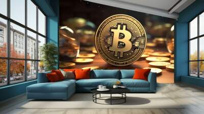 Bitcoin Cryptocurrency, Golden coin with bitcoin symbol Wall mural