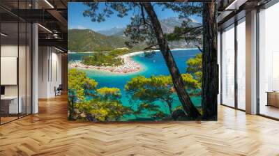 Oludeniz beach full of relaxing people and the Blue Lagoon, Fethiye, Turkey Wall mural