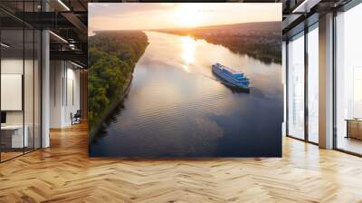 Panorama of the cruise ship moving on the river of Volga towards Samara city in Russia Wall mural