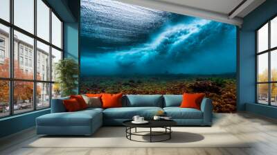 Underwater view of the surf spot with wave breaking over coral reef Wall mural