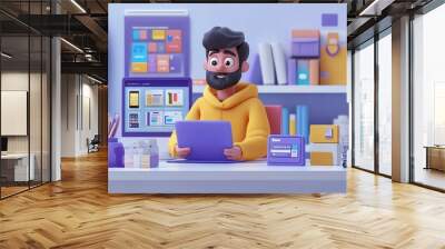 3D Cartoon Man Working on Laptop with Cart and Boxes. Wall mural