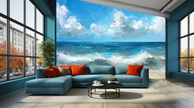 A beautiful painting of a blue sky with white clouds above an ocean with waves crashing on the shore. Wall mural