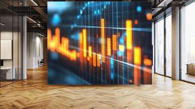 A close-up of a glowing orange line graph on a blue digital screen, displaying a financial or economic trend. Wall mural